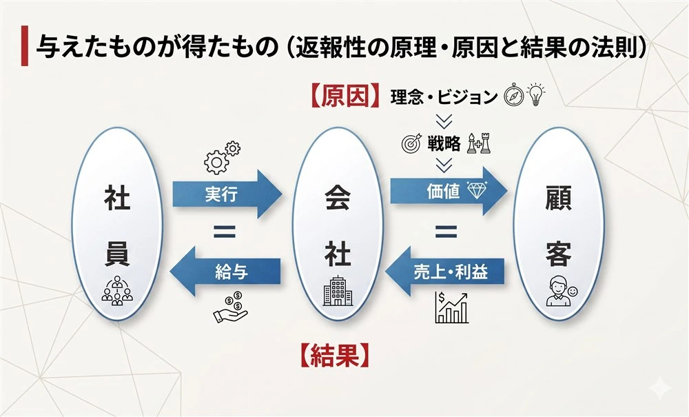 0円で提供できる理由の図解。理念と戦略が社員・会社・顧客を循環し、価値と売上に変わる構造