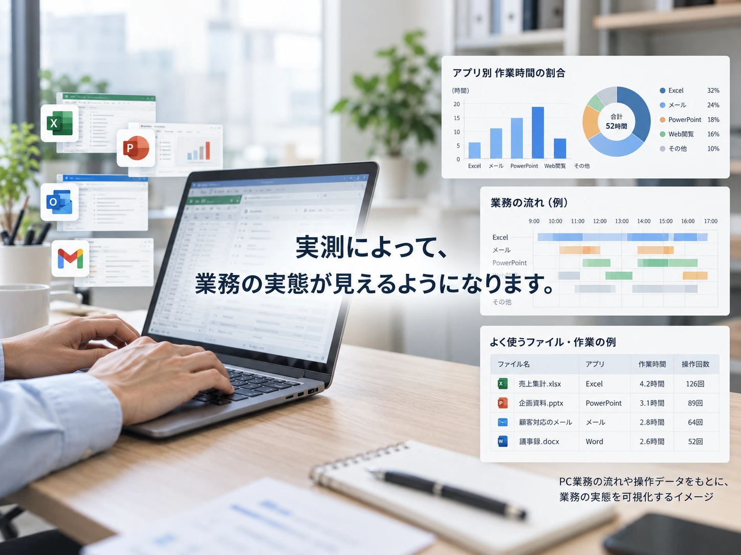 実測によって、業務の実態が見えるようになります。PC作業の写真と、アプリ別作業時間・業務の流れ・よく使うファイルの画面（説明用のイメージ。実際の数値ではありません）
